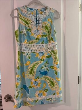 Lilly Pulitzer Aqua Paisley Floral Midi Dress with White Lace